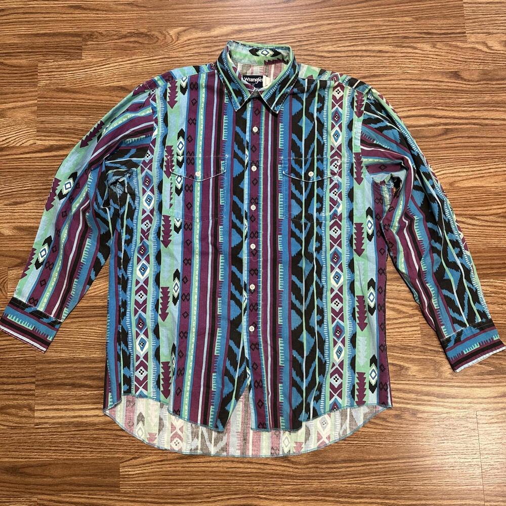 Vintage Wrangler Long Tail Aztec Striped Shirt Mens 16.5-34 Cowboy Country